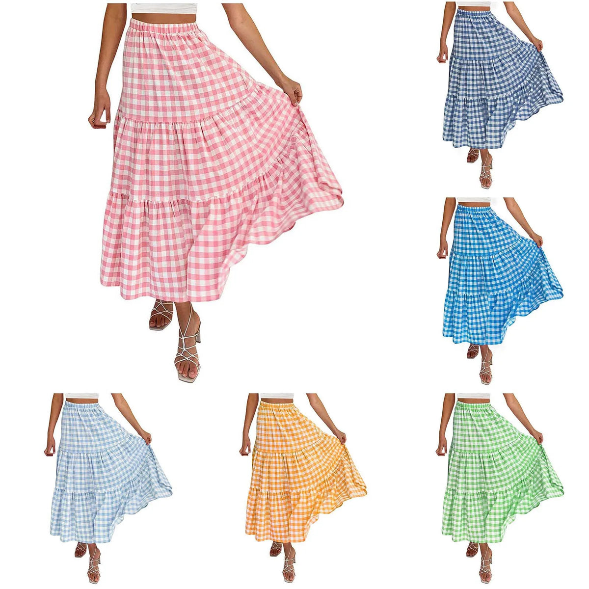 2026 Summer Vintage Checkered Maxi Skirt Women High Waisted Elastic Plaid Ruffle Long Skirts Retro Sweet Cake ALine Skirts