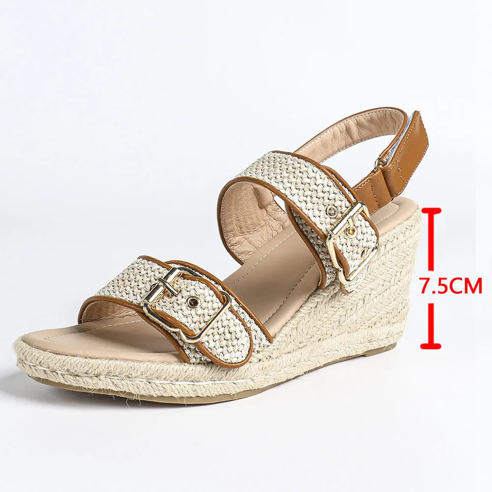 Summer Bohemian 2 Buckle Adjustable Straps Espadrille Wedge Sandals Women Leisure Roma Platform Beach Vacation High Heels Shoes