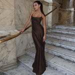 FDYOUI Women's Bandage Long Maxi Satin Dress Black 2026 Sexy Spaghetti Strap Slash Neck Backless Lace-up Party Evening Dresses