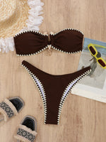 DEKABrazilian Bikini Solid Bandeau Bikinis Sets Woman Sexy Swimsuit Contrast Color Metal Buckle Swimwear High Cut Bathing Suit