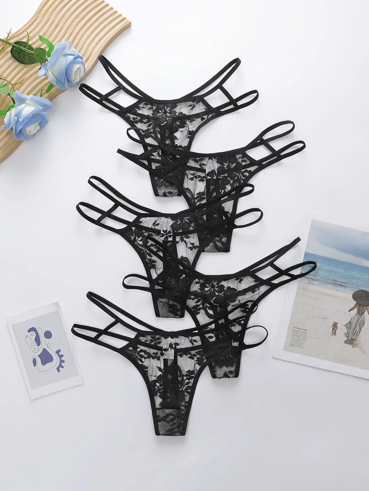 Five Solid black Lace Women G-String Sexy Lingerie Criss-cross Strap Thong fashionable and sexy style C972