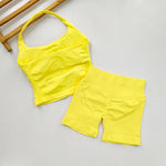 Yoga 2 Pieces Gym Set Women Backless Halter Tops High Waist Seamless Shorts Gym Suit Fitness Sports Bras Sportswear Workout Sets
