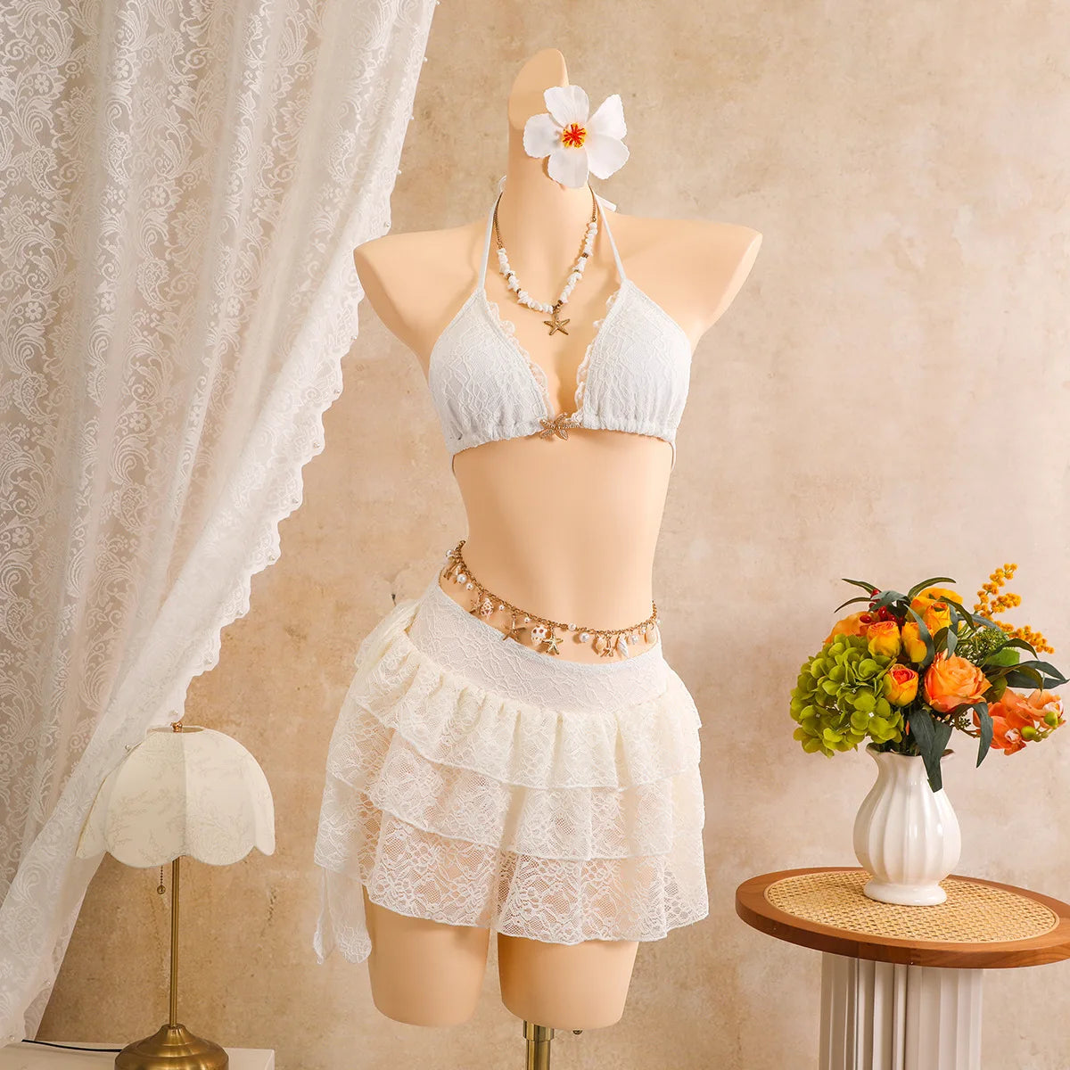 Sexy White Lace Bikini Set 2026 Women Beach Starfish Push Up Bra Swimsuit Holiday Bathing Suit Pleate Cover Up 3 Piece Swimwear