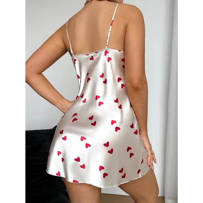 Women's V Neck Spaghetti Strap Nightdress Heart Print Sexy Nightwear Sleepwear Outfit For Home Wear Romantic Date