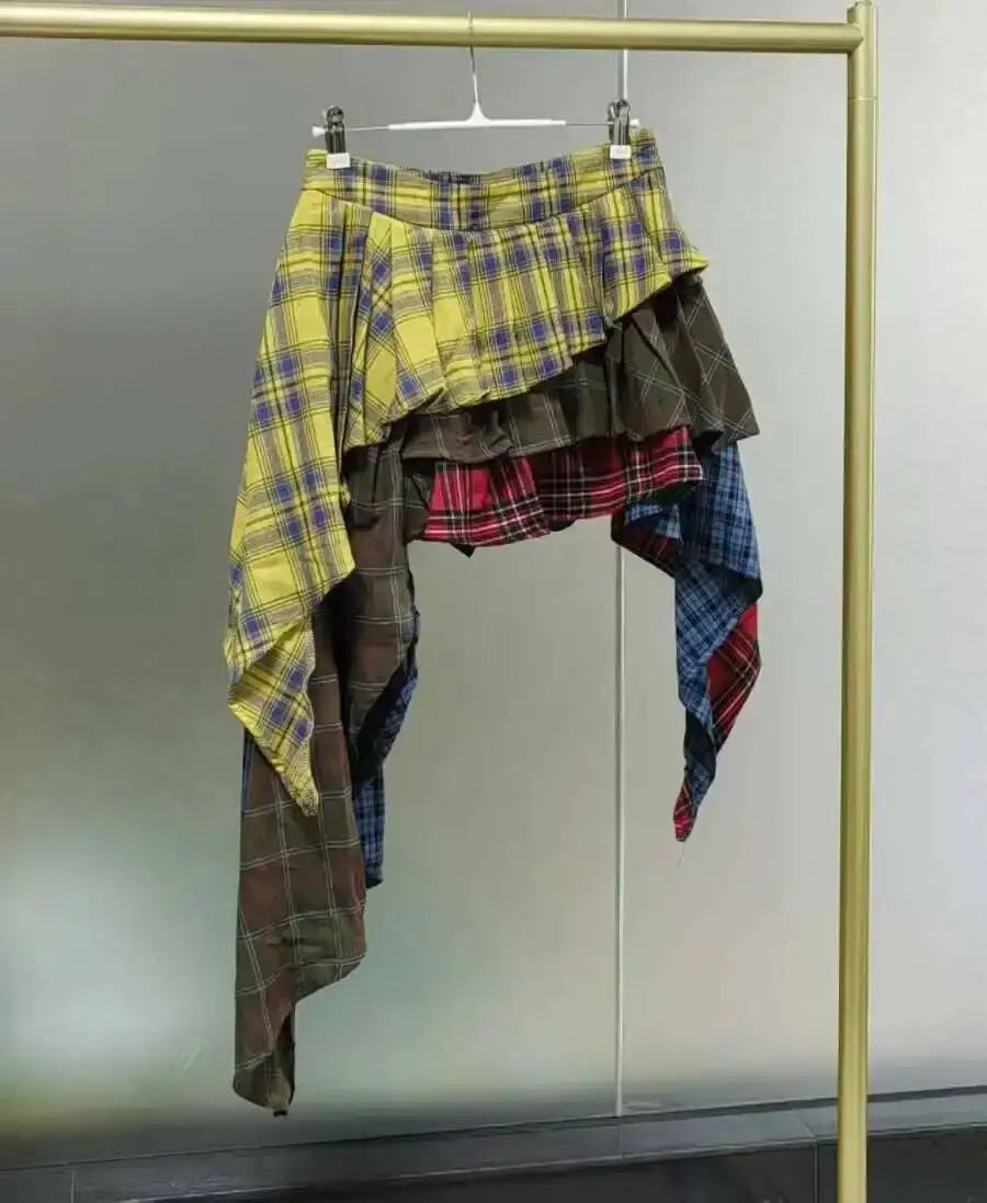 Real Photo Autumn Trend New Fashion Cotton Plaid Patchwork Irregular Skirt High Waist Pants Skirt Women's Streetwear Y2K X6CQ