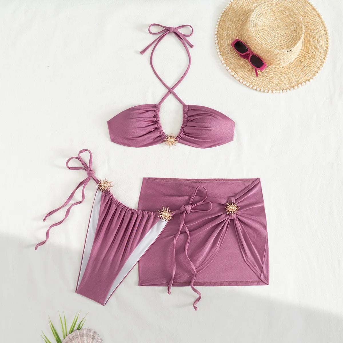 DEKA Women 3 Pieces Cross Halter Bandage Bikinis Set Skirt Swimwear High Waist Drawstring Swimsuit Summer Biquini