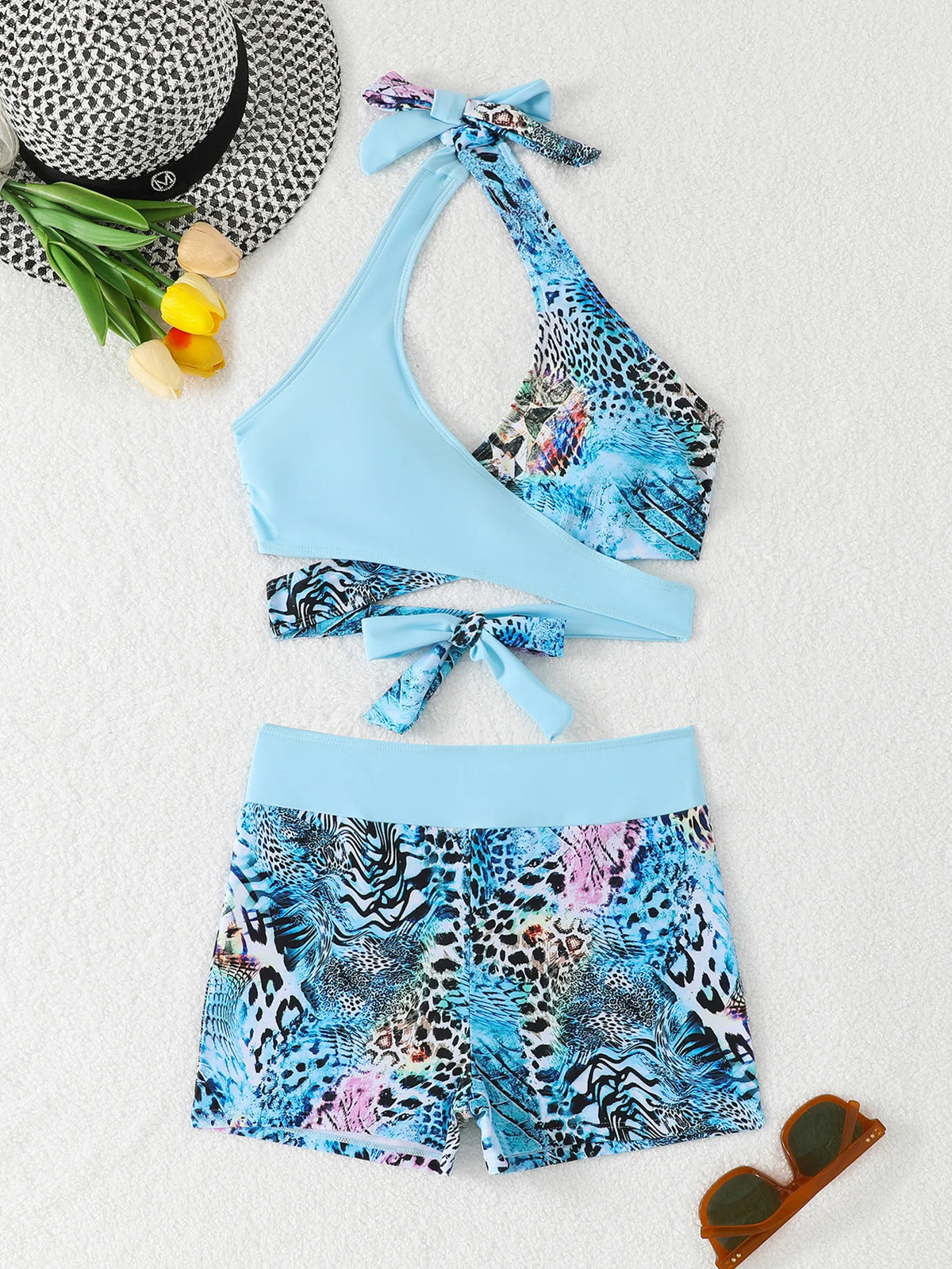 Sexy High Waist Bikini Shorts 2026 Women Swimsuit Blue Halter Swimwear Female Bikinis Set Print Bathing Suits Brazilian Biquini