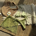 With Mesh Sarong Skirt Halter Bikini Women Swimwear Female Swimsuit Three-pieces Bikini Set Fishnet Bathing Suit Swim Beachwear