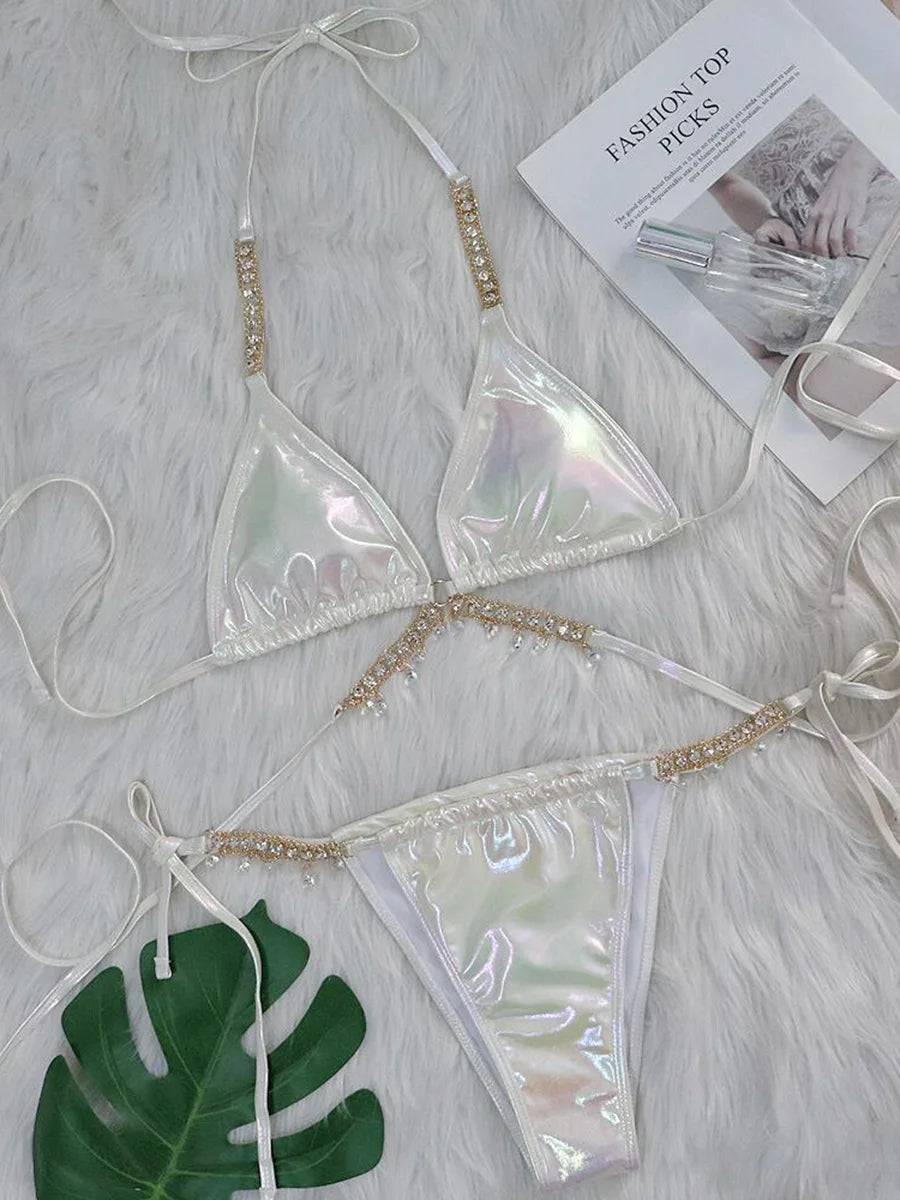 Wrap Around Halter Metal Chains Bikinis 2025 Diamond Bikini Women Swimsuit Female Swimwear Two Pieces Bikini set Bathing Suit