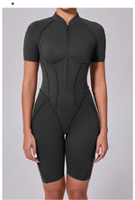 Summer Zipper Workout Jumpsuit Sports Overalls Women Running Fitness Short Sleeve Yoga Bodysuit