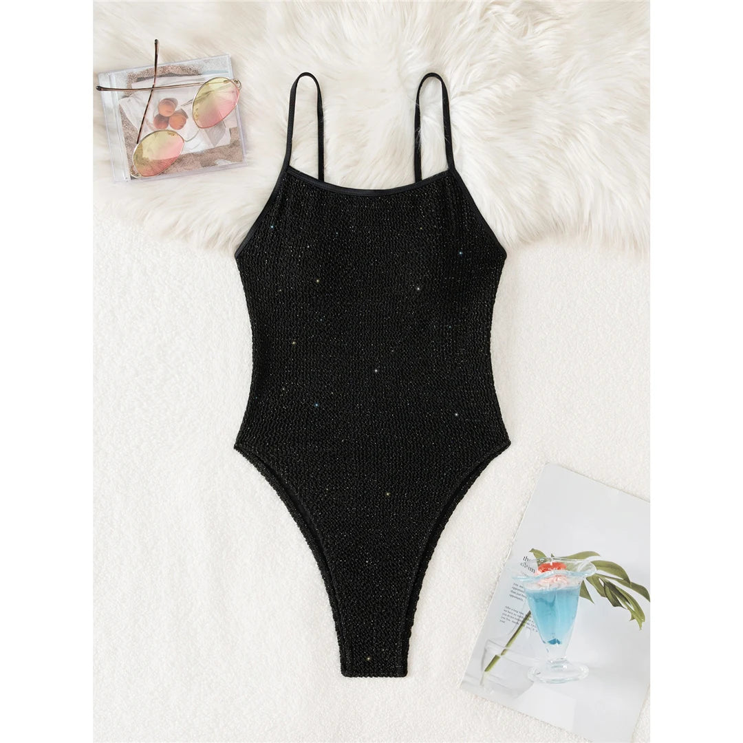 New Wrinkled Crinkled Glitter Sparkling One Piece Swimsuit Women Swimwear Female High Cut Padded Bather Bathing Suit Swim V6407