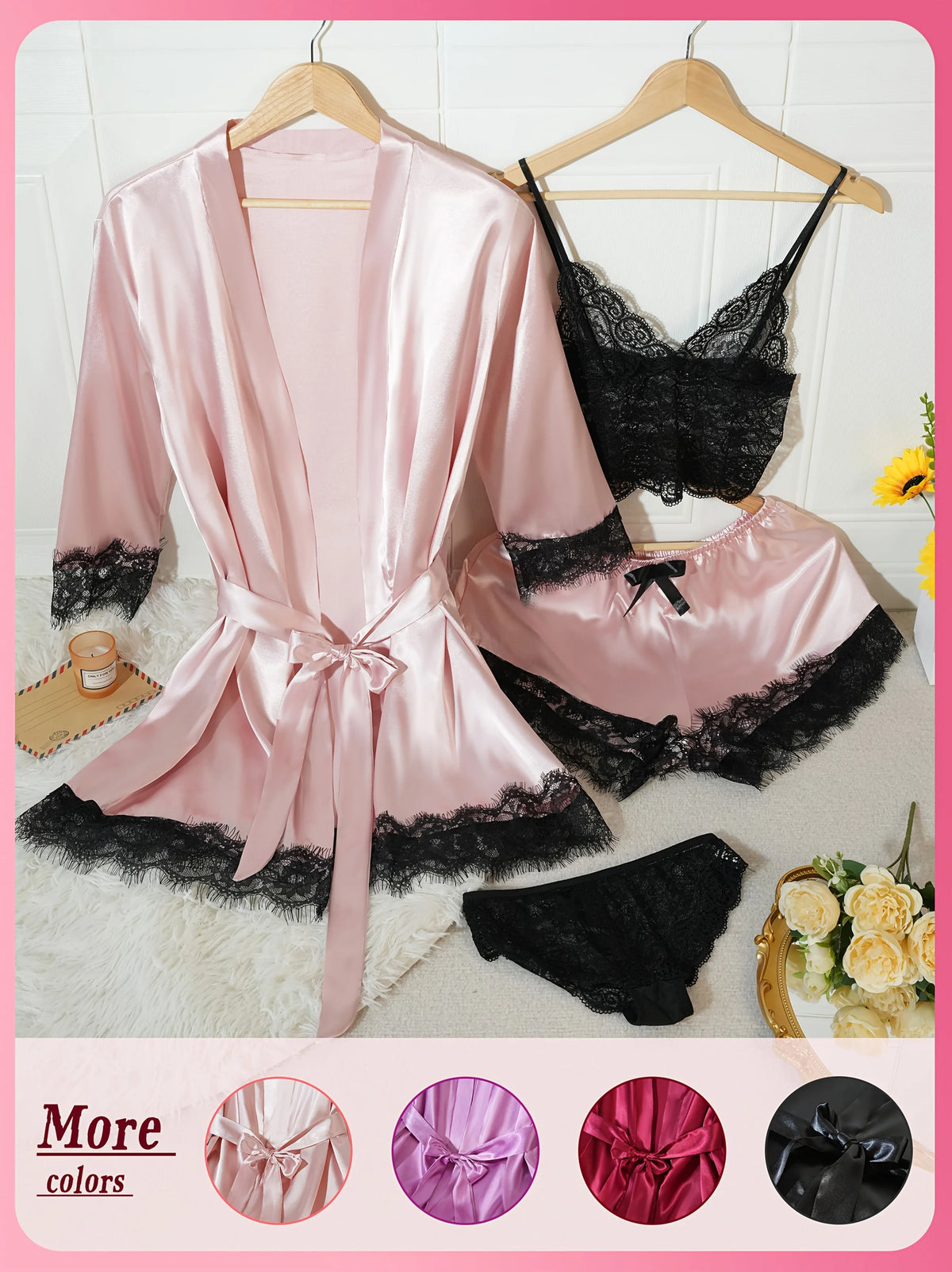 4Pcs Women Satin Pajama Set Robe Lace Lingerie Sexy Silk Nightwear Sleepwear Soft Satin Nightgown Pyjamas Nightdress Nighty Robe