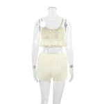 Lace Trim Ruffle Hem U-Neck Strap Cable Textured Cami & Casual Shorts Loungewear Summer Pajamas Set Women Sleepwear
