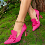 EUR Size 42 Satin RosyRed High Heeled Pumps Sexy Pointed Toe Bow Tie High Heels Slip On Red Party Shoes Women