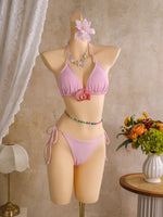 Vintage Pink Floral Tie Dye Gradient Bikini Set 2026 Women 3D Flower Push Up Bra Cover Up 3 Piece Swimwear Bathing Suit Swimsuit