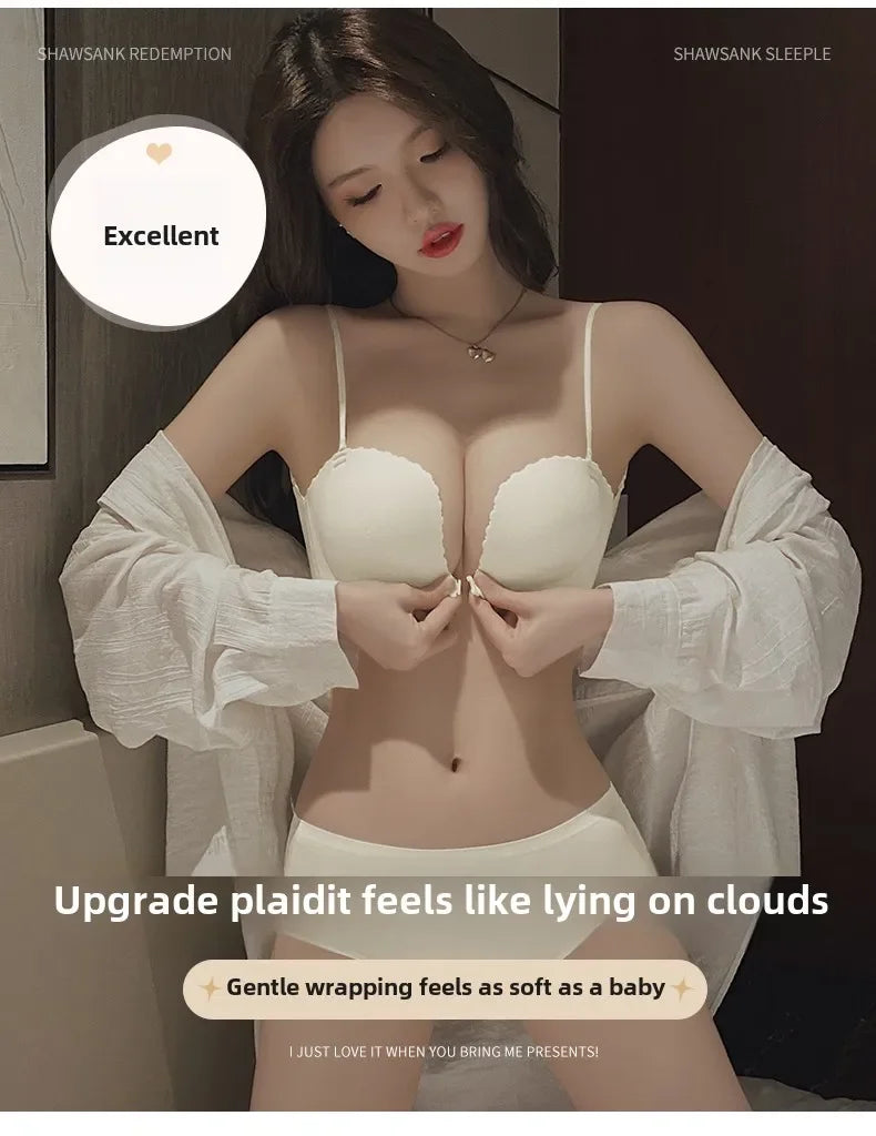 Front Button Underwear Women's Small Chest Pull Up To Show Large Summer Thin Collection Breast Anti-sag White Thin Strap Bra