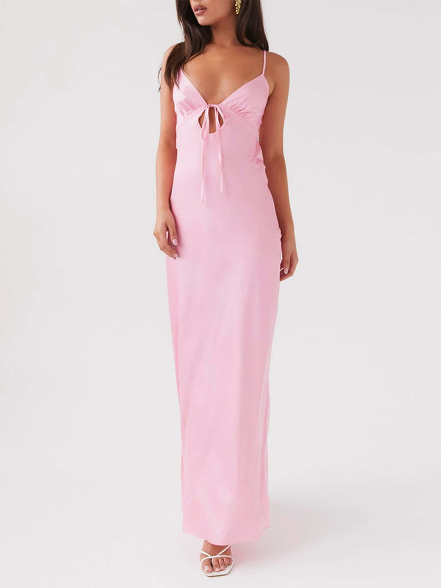 Women Cami Dress Solid Color Sleeveless Tie-Up Front Sleeveless Backless Dress Long Dress Summer Casual Spaghetti Strap Dress