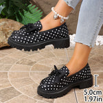 Women Polka Dot Print Platform Loafer Shoes Bow Decor Slip On Chunky Lug Sole Round Toe Sweet Preppy Casual Dress Shoes