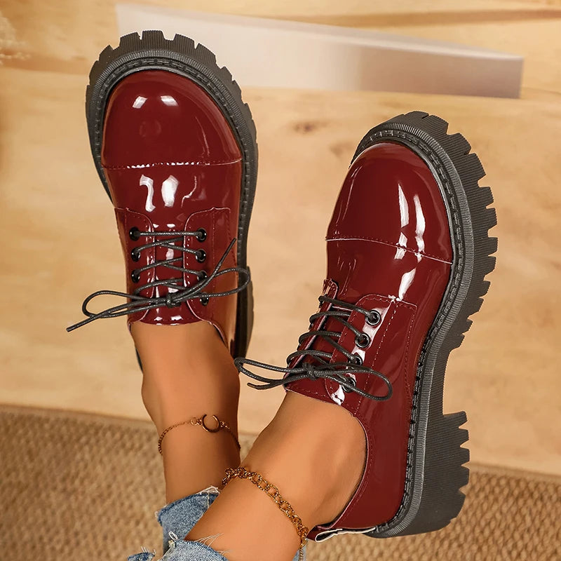 Fashion Printed Platform Oxford Shoes Women Comfortable Plus Size 43 Lace Up Pu Leather Shoes Woman Red Thick Sole Loafers Mujer