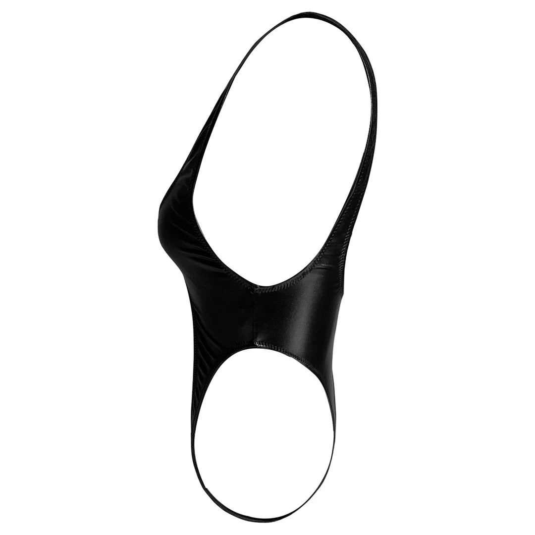 S - XL Black Shiny PU Faux Leather Cut Out Thong Women Swimwear One Piece Swimsuit Female Bather Bathing Suit Monokini V1985C