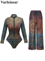 S - XXL New Printed Long Sleeve With Pants Sarong Shorts Women Swimwear One Piece Swimsuit Female Bather Bathing Suit Swim V8395