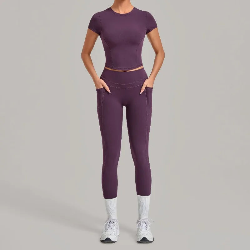 Women's Seamless Yoga Sets Sports Fitness Hip-lifting High Waist Pants Slim Fit Short-sleeve Suits Workout Running Training Sets