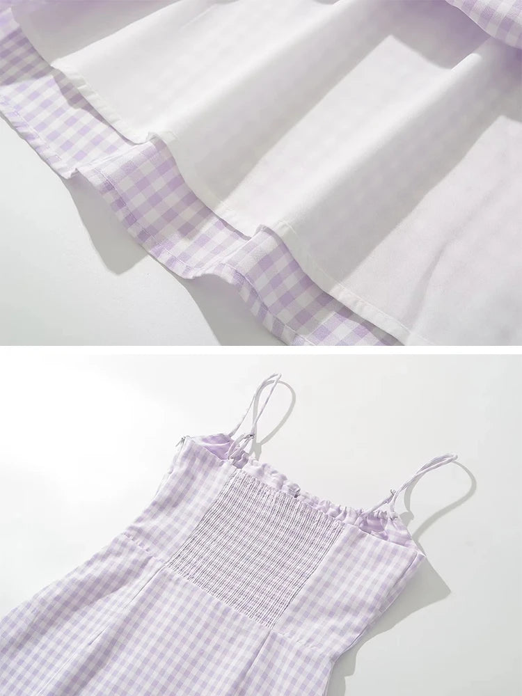 Foridol Spaghetti Strap Tie Up Plaid Dress Women Summer Beach Midi Sundress Strapless Retro Pink Short Vestidos Female Dress