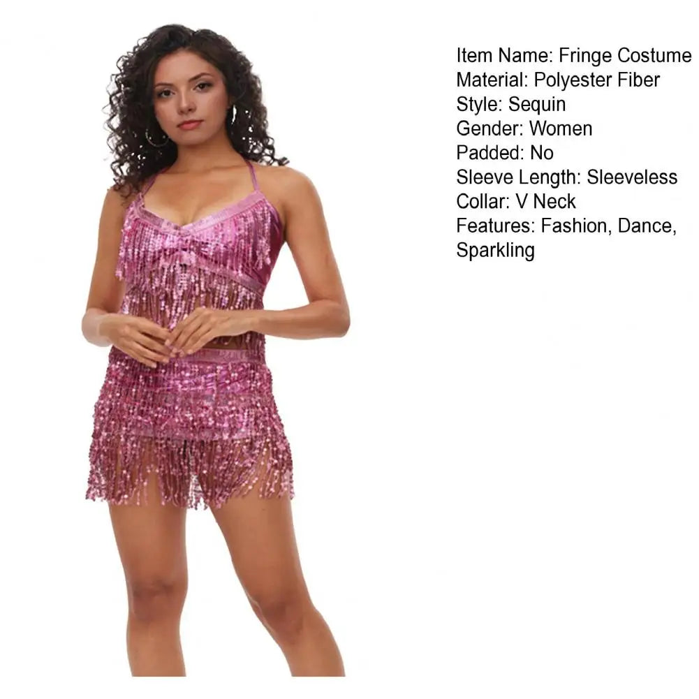 Belly Dancer Outfit Sequin Tassel Bra Top with Fringe Hip Scarf Set Sparkling Rave Party Costume for Women Girls