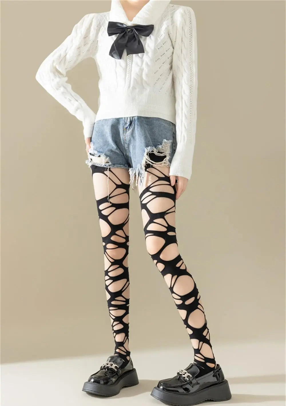 Sexy Black Ripped Fishnet Tights Women Gothic Punk Hollow Out Tight Mesh Pantyhose Stockings Leggings Emo Style Egirl Streetwear