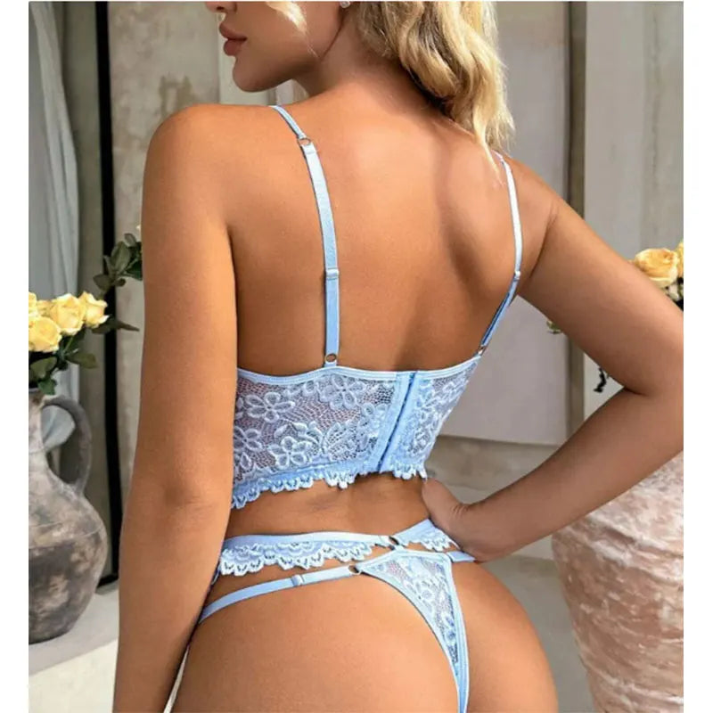 Women Intimates Sexy Bra & Panties Underwear Set Lace Splicing Perspective Sexy Lingerie Erotic 2-Piece Bra + Panty Set