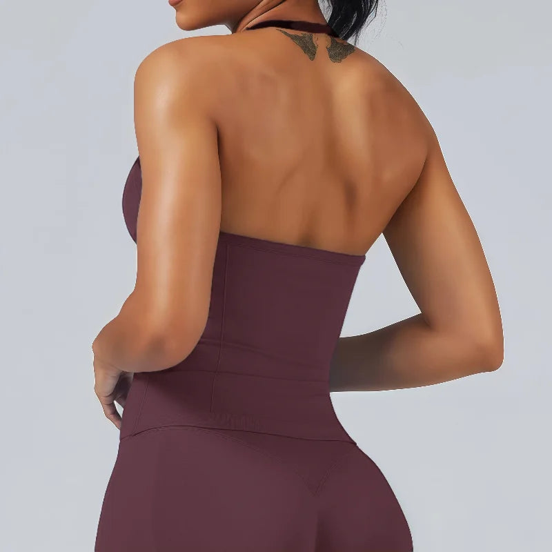 HISTELLO GYM Longline Strappy Top Women Seamless Yoga Clothing With Removable Pads V Neck Open Back Bra Workout Sports Halter