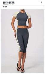 Color Blocking 2PCS Yoga Set Women's Tracksuit Short Sleeve O Neck Sports T Shirts High Waist Cropped Pants Tight Fitness Suits