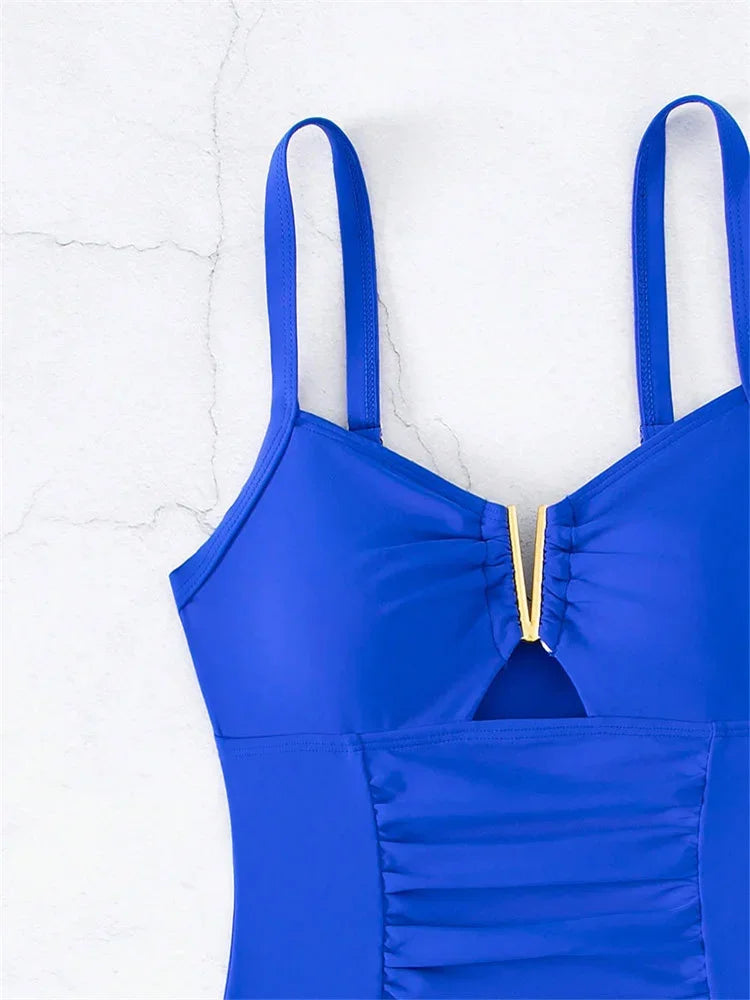 Sexy V Neck One Piece Swimsuit 2025 Mujer Women Black Hollow Out Pleate Tummy Control Swimwear Beach Bathing Suit Slim Monokini