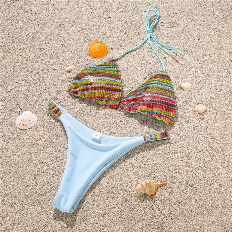 Halter Jewelled Sequins Diamond Bikini Women Swimsuit Female Swimwear Two Pieces Bikini Set Mini Micro Bathing Suit Swim Lady