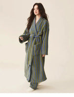 Thickened Flannel Robe Pants Pajamas Set Autumn Winter New Couple Coral Velvet Women Men Bathrobe Striped Lengthed Home Clothes