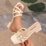 Gladiator Slippers Women Calfskin Square Toe Cross-tied Woven Buckle Strap Solid Color Flats Summer Female Shoes