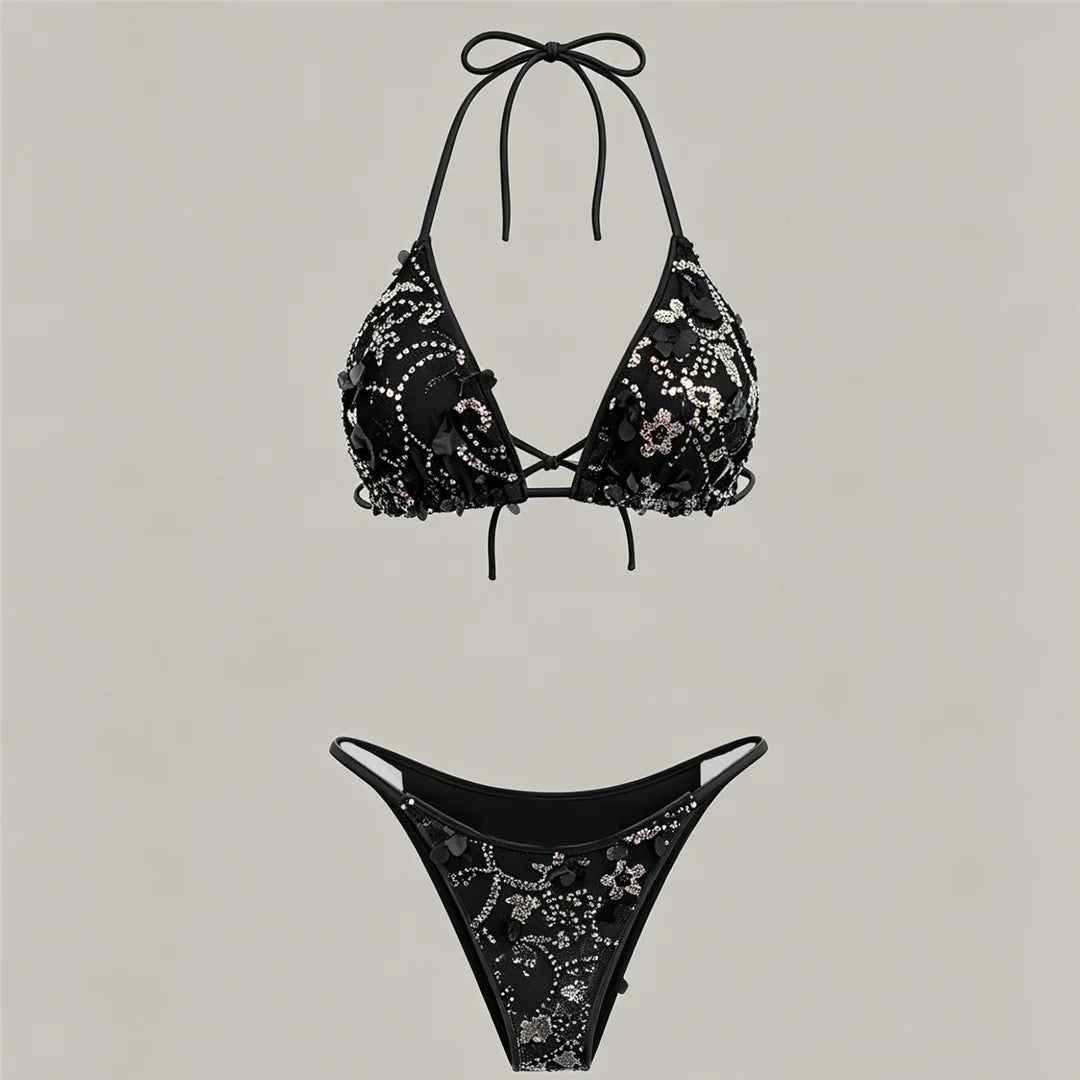 S - XL Three-pieces Bikini set With Skirt Flowers Sequins Bikini Female Swimsuit Women Swimwear Bather Bathing Suit Swim V7864