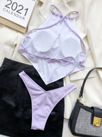 Sexy Ribbed Bikini Set Blue Pink High Neck Cut Out Push Up Crop Top 2 Piece Swimsuit Bathing Suit Thong Swimwear 2024 Beachwear