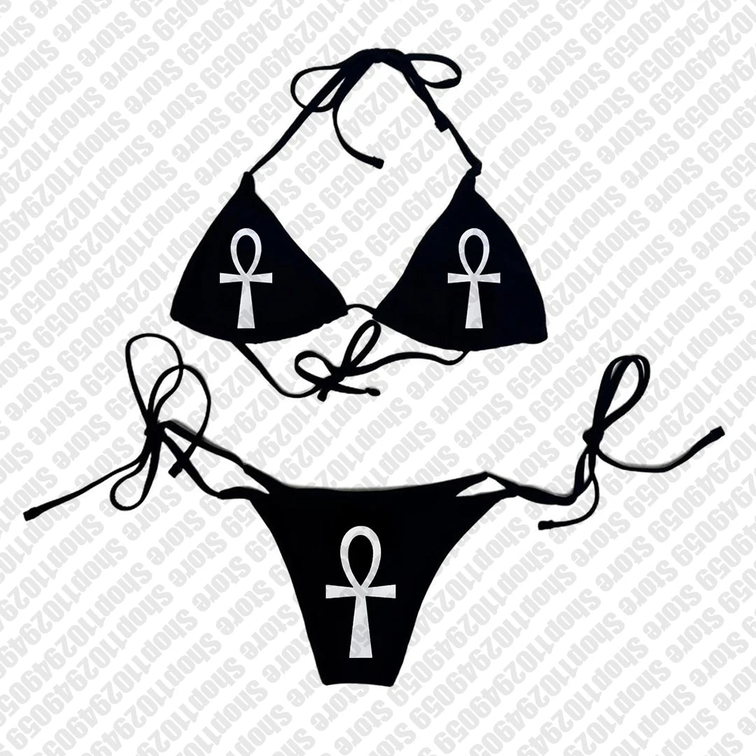 Punk Gothic Fashion Women Swimwear 2000s Emo Girls Y2k Style Letter Print Bikini Set Sexy Thong Swimsuit Two Pieces Bathing Suit