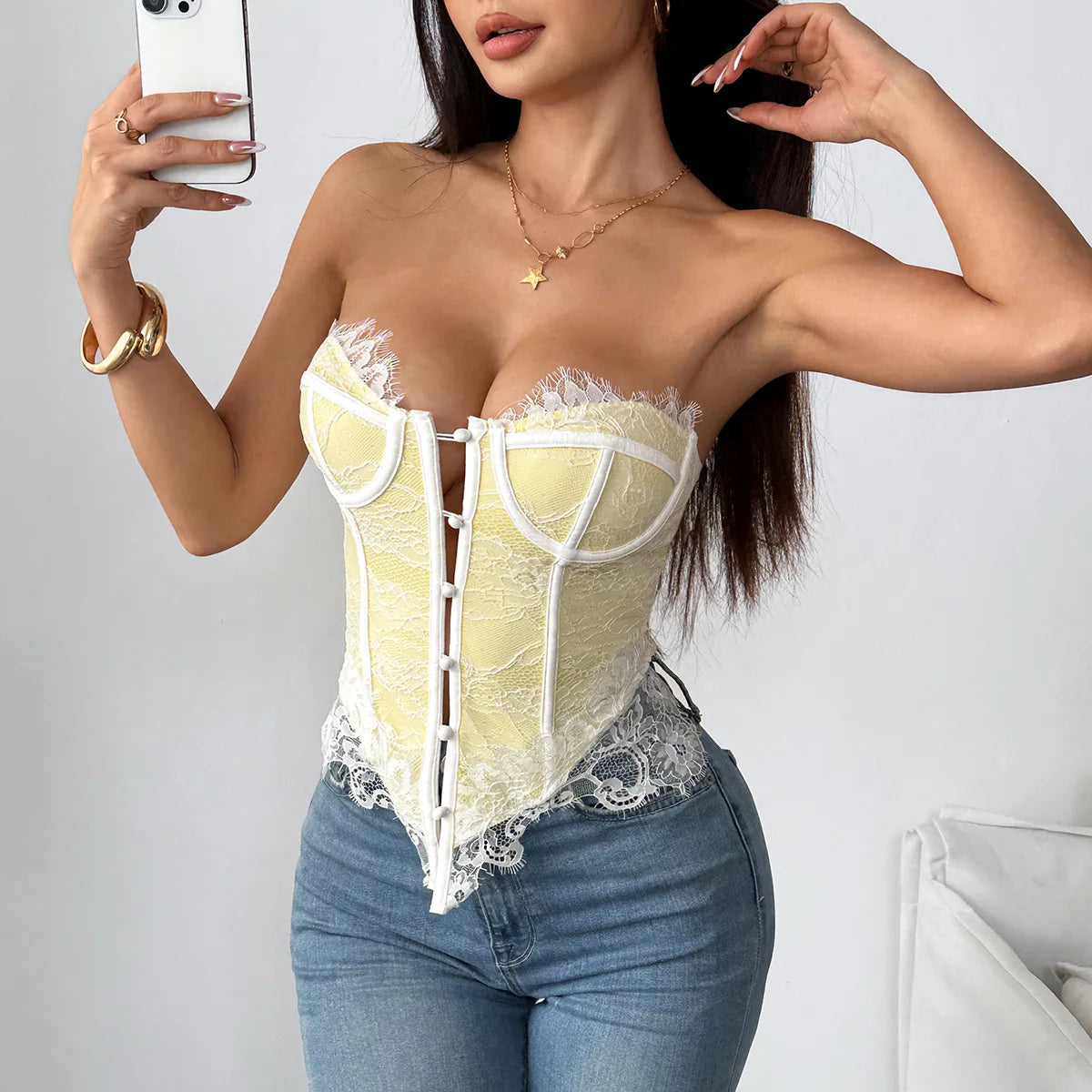 Y2K Street Tank Top Women Summer Lace Front Embroidery Floral Buttom Push Up Underwire Strapless Bandage Fishbone Vest
