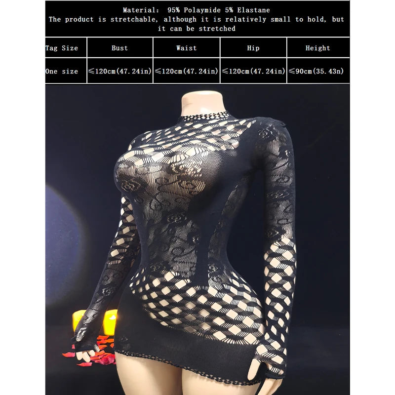 Women Sheer Mesh Long Sleeve Beach Cover Up, Sexy See-Through Fishnet Dress, Solid BodyconFor Summer Beach Party