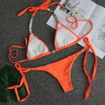 Luxury Rhinestone Bikini Women 2025 Sexy Orange Yellow Crystal Diamond Push Up Thong Swimsuit Beach Bathing Suit Tanga Swimwear