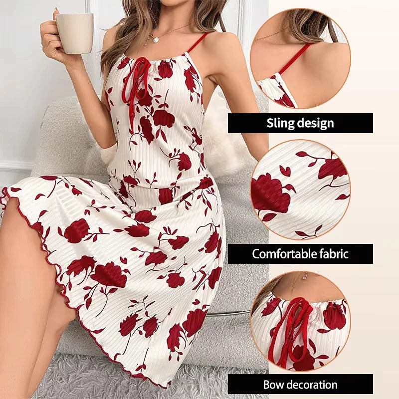 Sexy Womens Floral Print Ribbed Slip Dress Spaghetti Strap Tie Front Backless Summer Nightgown Lettuce Hem Loungewear New Hot