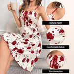 Sexy Womens Floral Print Ribbed Slip Dress Spaghetti Strap Tie Front Backless Summer Nightgown Lettuce Hem Loungewear New Hot