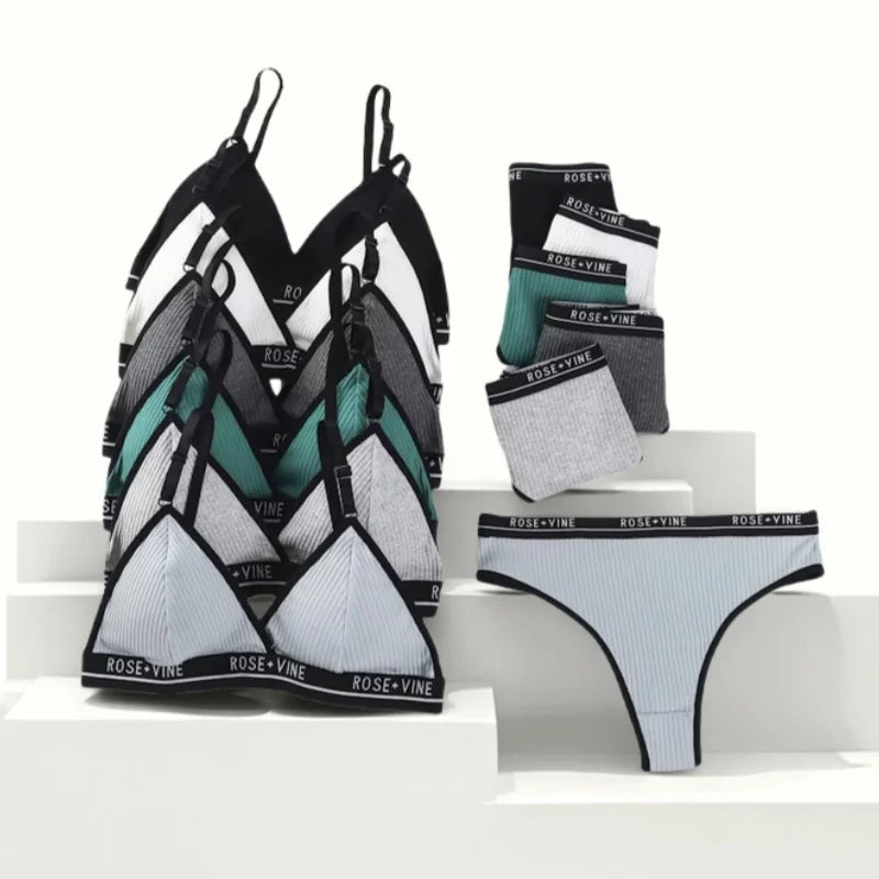 Women's Ribbed Wireless Triangle Bralette and Thong Set Low Rise Panties Daily Wear Comfort Underwear Ladies Sexy Lingerie Set
