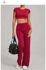 Women's Tracksuit Yoga Sets Back Hollow Out Short Sleeve Sports Shirts High Waist Straight Leg Pants Gym Running Fitness Suits