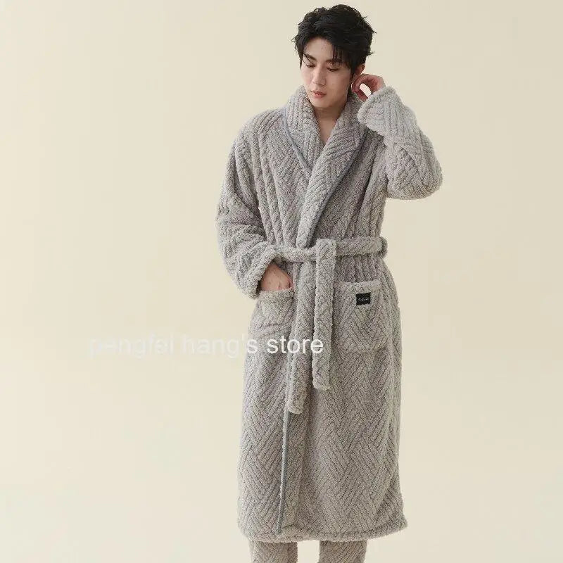 Men Women Jacquard Coral Fleece Bathrobe Autumn Winter Thick Warm Couple Sleepwear Soft Plush Loose Indoor Home Loungewear