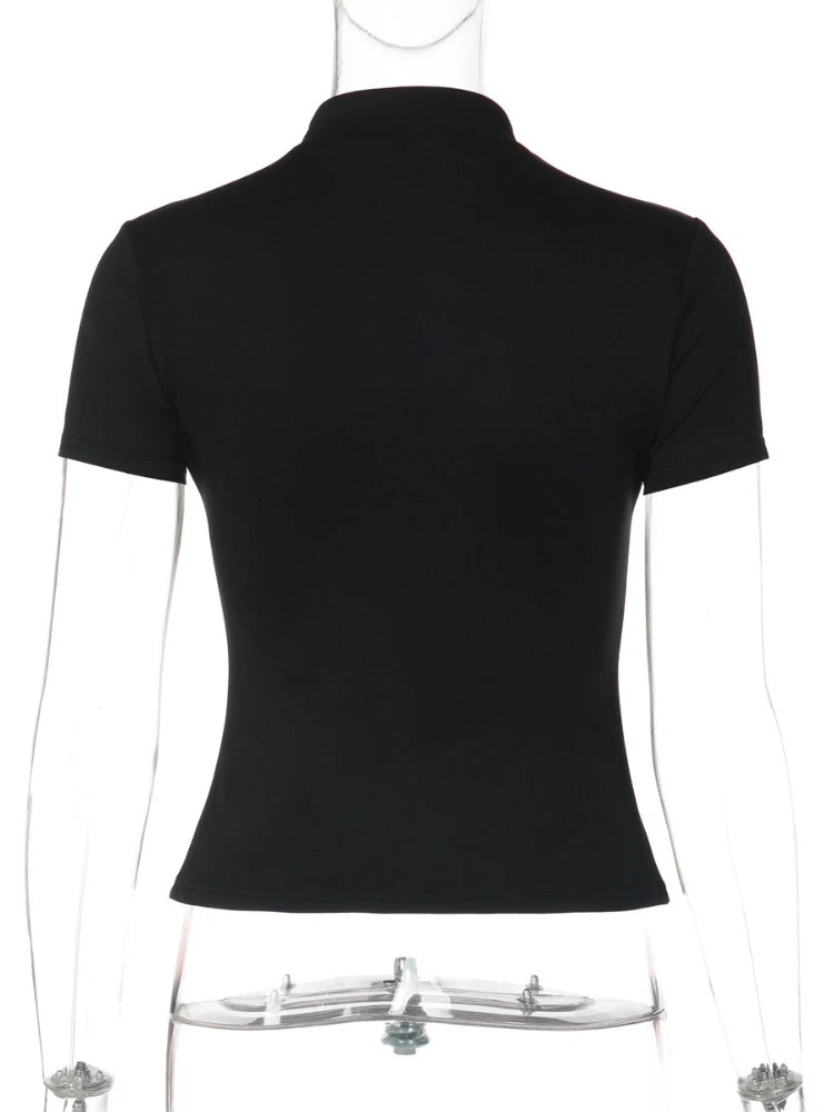 FDYOUI Fashion Stand Collar Button Hollow Out T-shirt for Women 2026 Sexy Short Sleeve Slim Cropped T Shirts Black Wine Red Tops