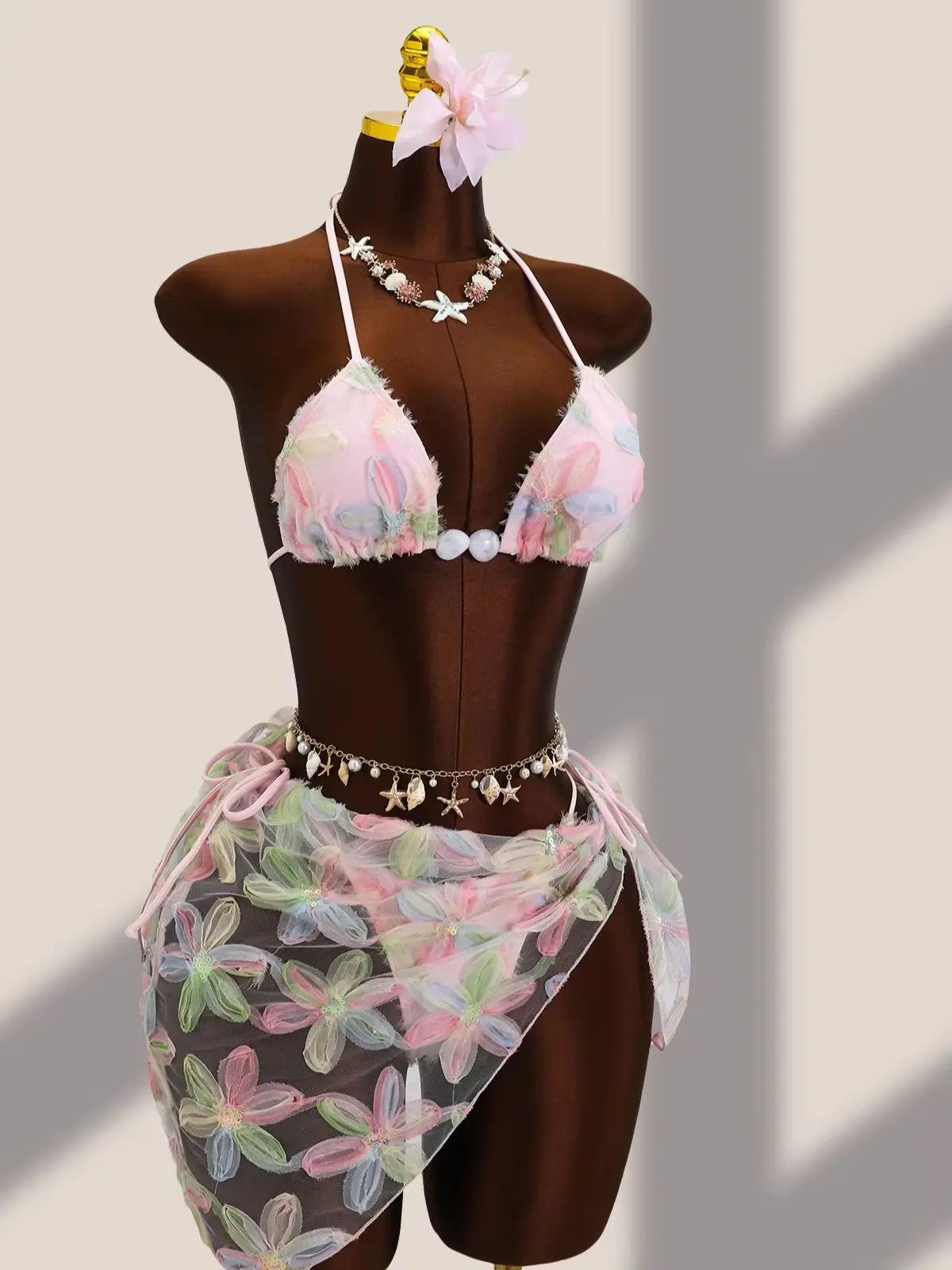 DEKA Women 3 Piece Brazil Triangle Bikini Set Vintage Pink Floral Embroidery Cover Up Halter Push Up Thong Swimsuit Bathing Suit