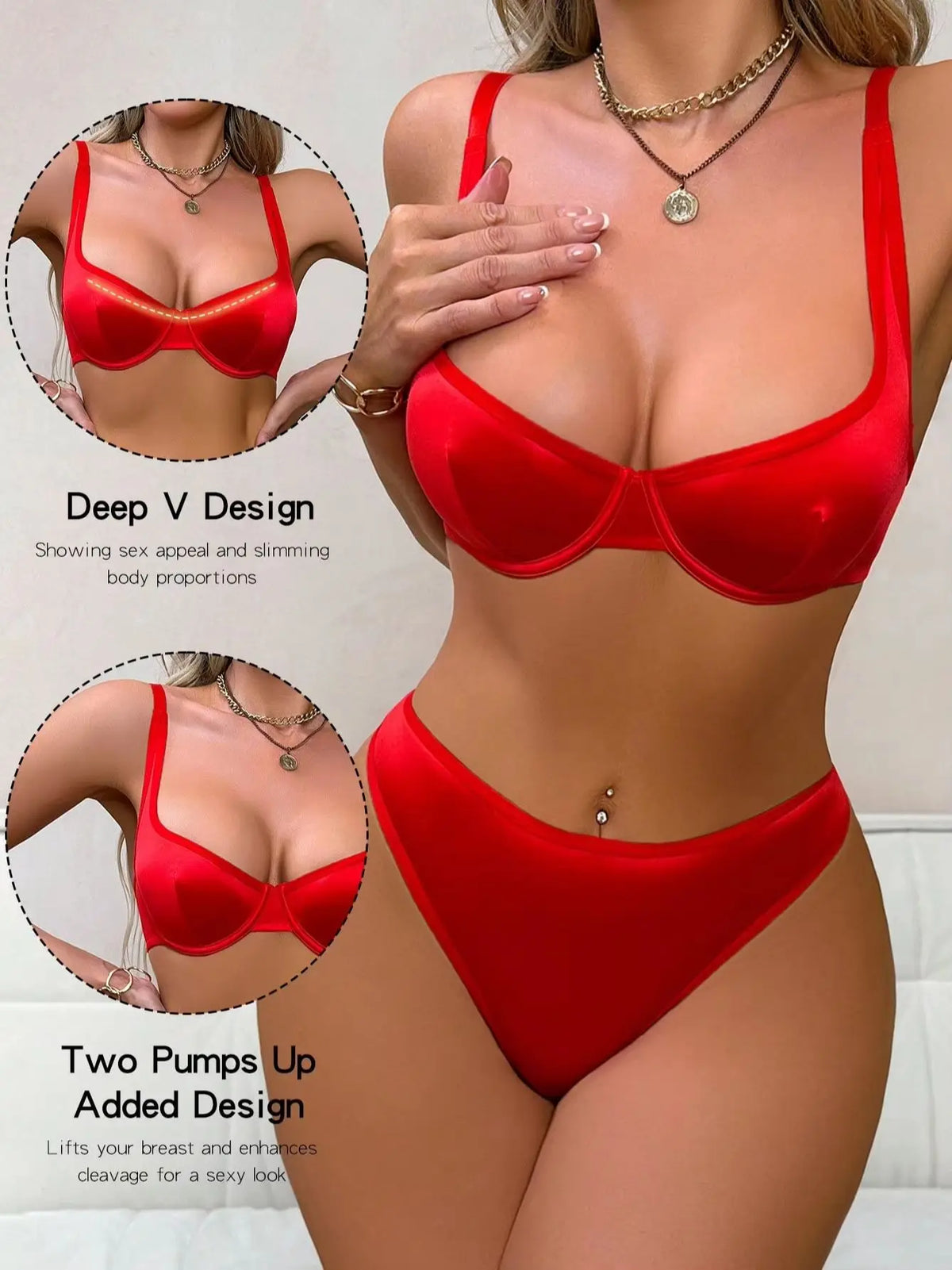 Red Sexy Satin Push Up Bra and High Waisted Panties Set - Glossy Underwear Set Lingerie set MR2938